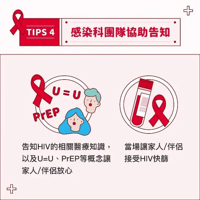 愛滋告知｜Tips4｜告知HIV的相關醫療知識以及U=U、PrEP等概念讓家人/伴侶放心；當場讓家人/伴侶接受HIV快篩